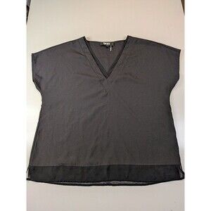 DKNY Womens Medium Black V-Neck Blouse Sheer Hem Short Sleeve Top